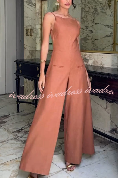 Kelso Linen Blend Square Neck Pocketed Backless Wide Leg Jumpsuit