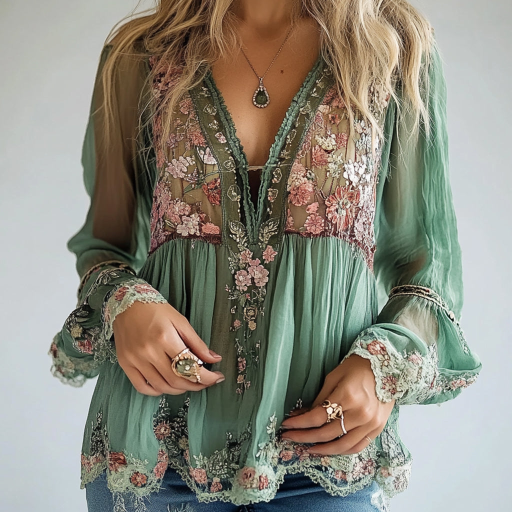 sheenchic Floral Pattern V Neck Semi-Transparent Long Sleeve Blouse