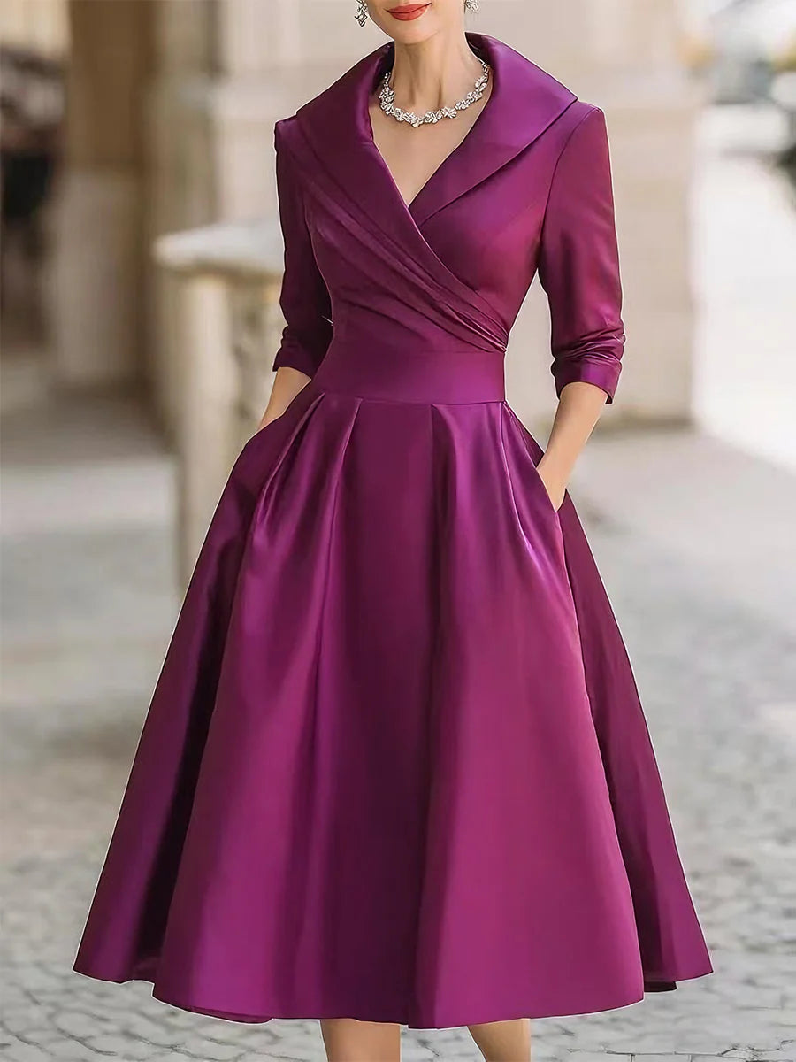 Business Casual Black Cascade Front Long Sleeve Ruffled Elegant Satin Midi Dresses