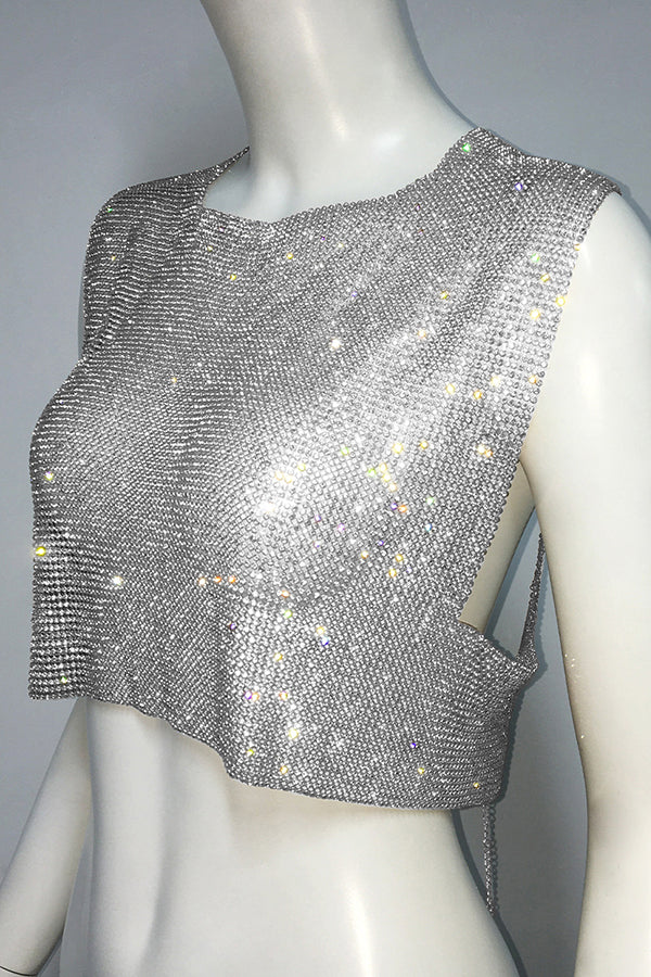 Sexy Metallic Rhinestone Backless Chain Vest