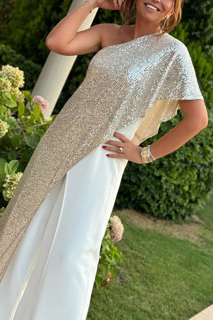 Party Favors Sequin One Shoulder Ruffle Detail Wide Leg Evening Jumpsuit