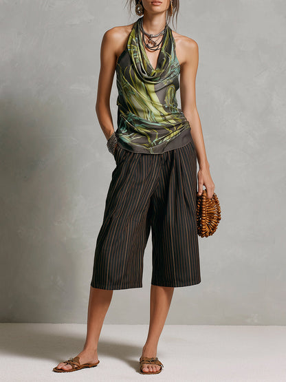 Retro Draped Halter Top & Striped Bermuda Shorts Set