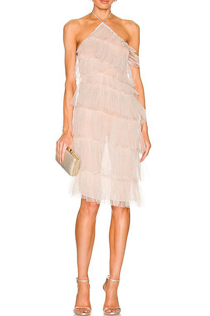 Best Days Patchwork Tulle Sheer Halterneck Pleated Midi Dress