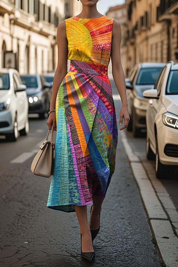 Unique Print Sleeveless Round Neck Casual Midi Dress