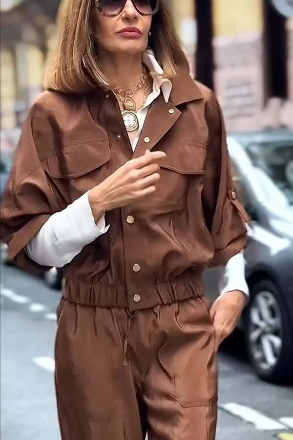 Street Charm Glossy Fabric Button Pocket Cargo Jacket and Elastic Waist Jogger Pants Set