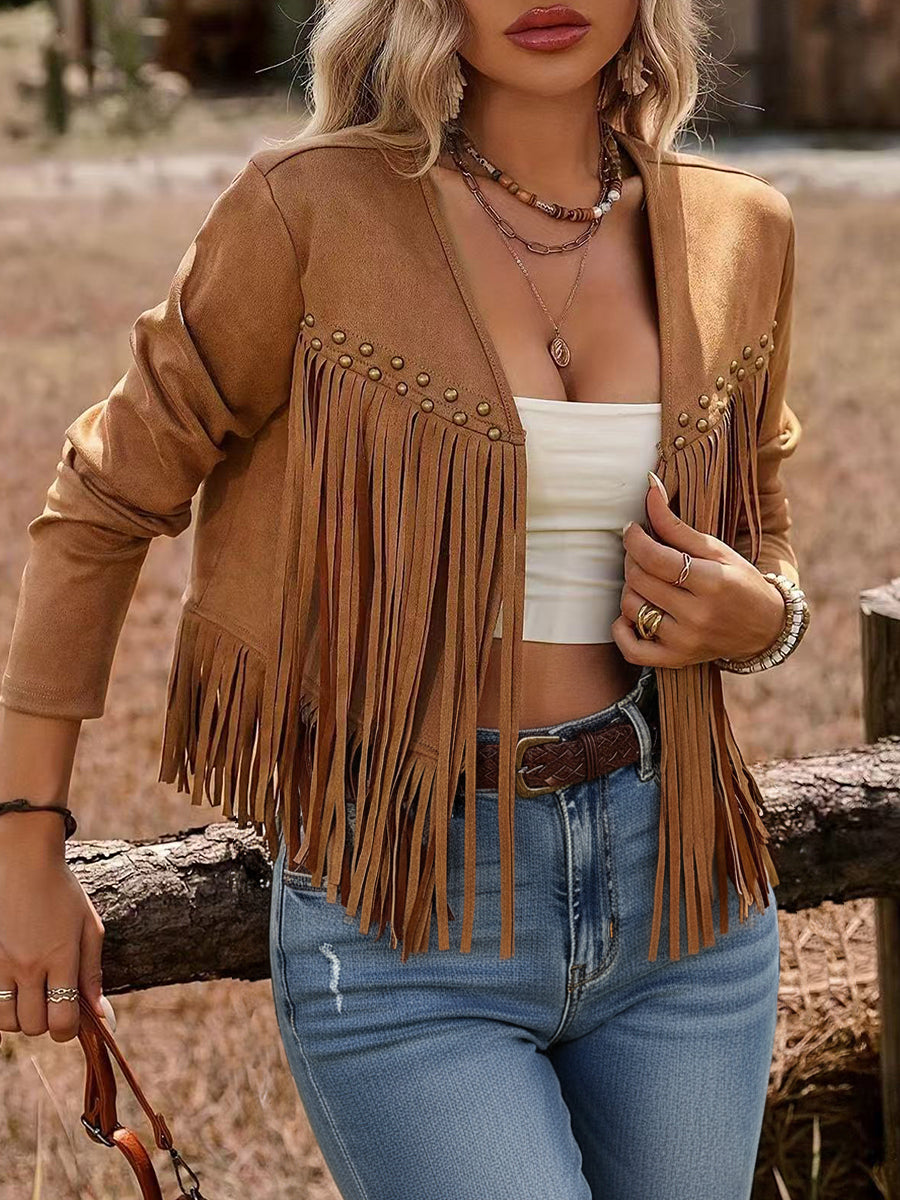 Daily Brown Long Sleeve Strappy Western Studded Chamois Cardigans