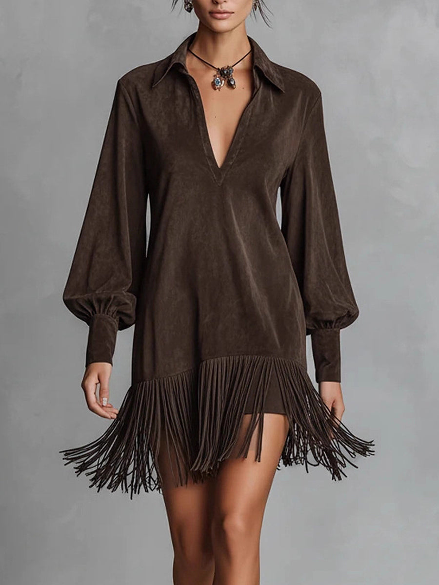 Daily Brown V Neck Lantern Sleeve Long Sleeve Strappy Western Contrast Chamois Mini Dresses
