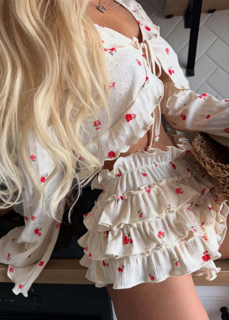 Floral Whirl - Ruffle Two-Piece Set with Tie Front Crop Top