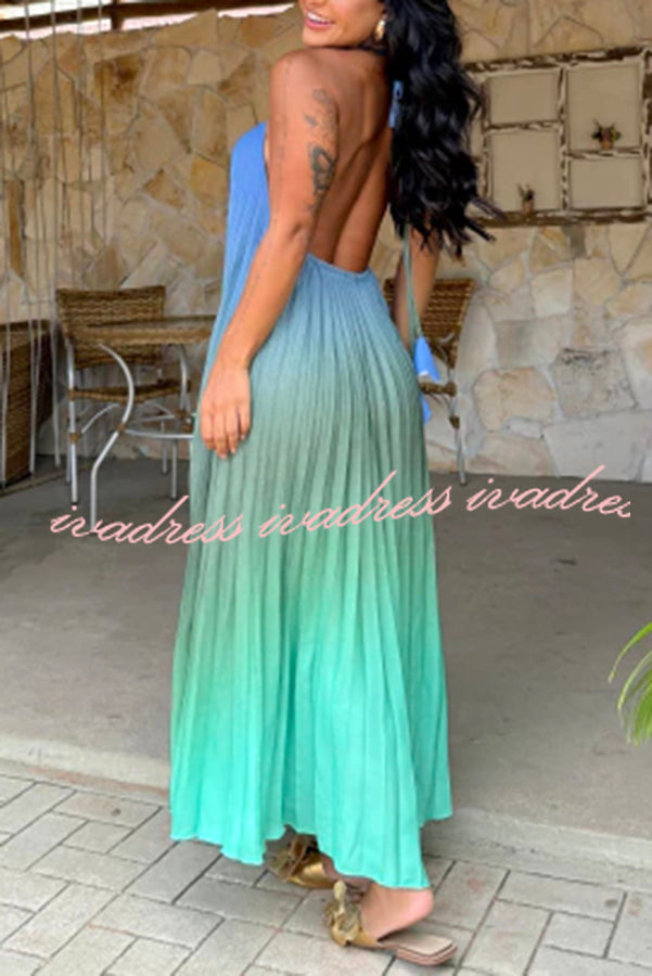 Vestido largo de corte A con espalda descubierta, plisado, estampado degradado y diosa del mar 