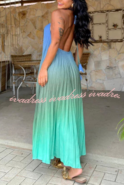 Vestido largo de corte A con espalda descubierta, plisado, estampado degradado y diosa del mar 