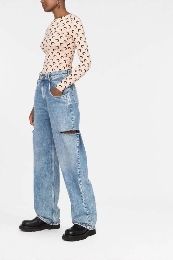 Crescent Moon Print Slim-Fit Long Sleeve Top