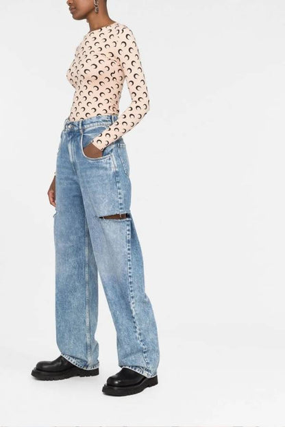 Crescent Moon Print Slim-Fit Long Sleeve Top