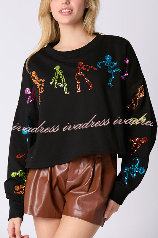 Halloween Skull Sequin Loose Crop Casual Sweatshirt