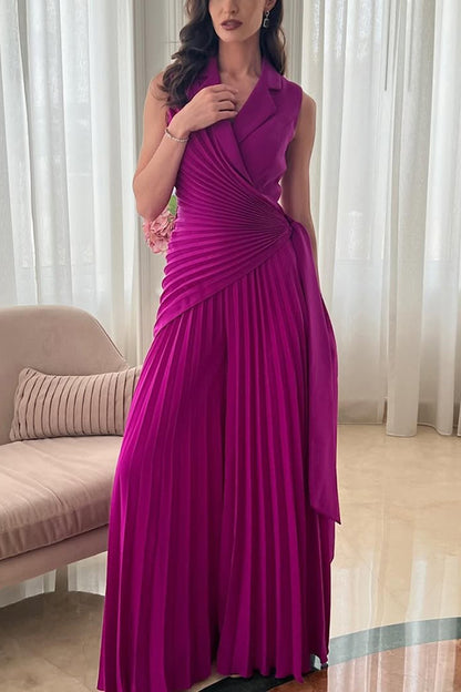 Solid Color Lapel Sleeveless Waist Tie Pleated Wide-leg Jumpsuit