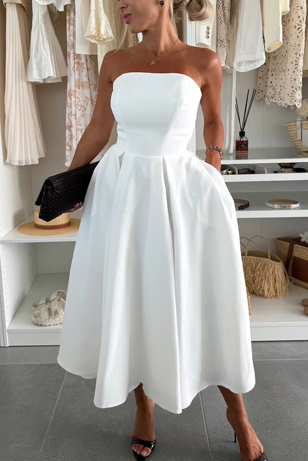 Sweet Cascade Solid Color Off Shoulder Pocket Full Hem Midi Dress