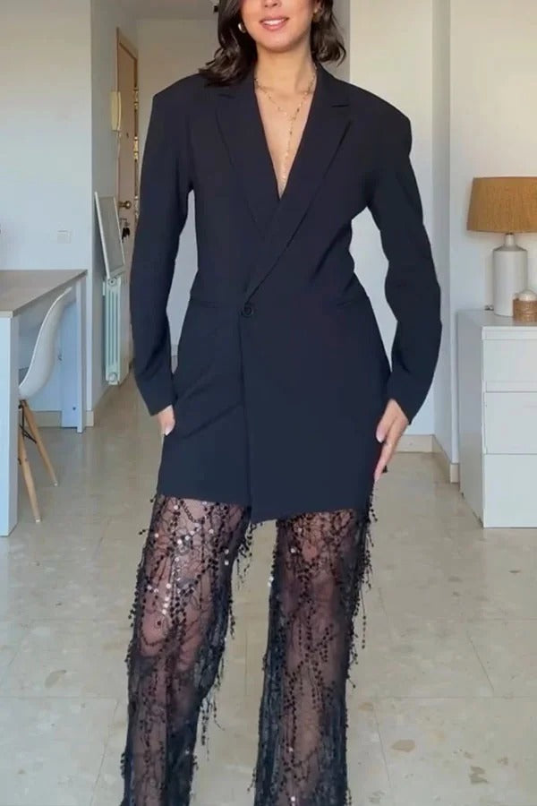 Blazer Yulissa de manga larga con un solo botón, cintura ajustada, espalda abierta, solapa y bolsillos 