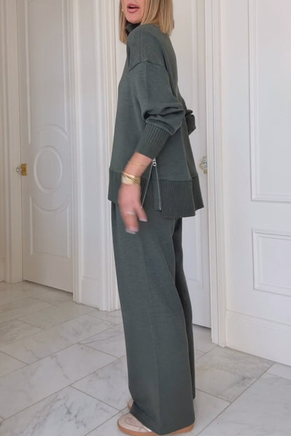 Barker High-Neck Long Sleeve Side Zipper Sweatshirt and Elastic Waist Pocketed Loose Pants Set