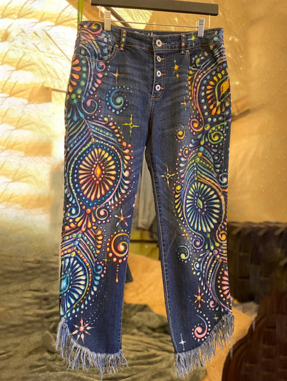 Boho Peacock Feather Pattern Denim Fringed Crop Jeans