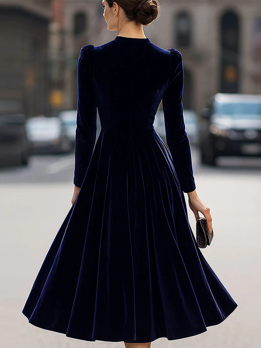 Party Navy Blue High Collar Long Sleeve Ruffled Casual Velvet Midi Dresses