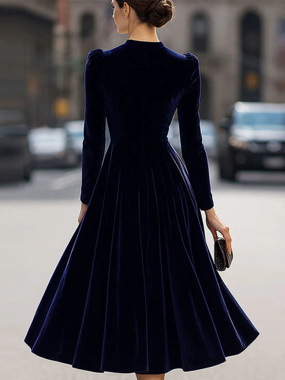 Party Navy Blue High Collar Long Sleeve Ruffled Casual Velvet Midi Dresses