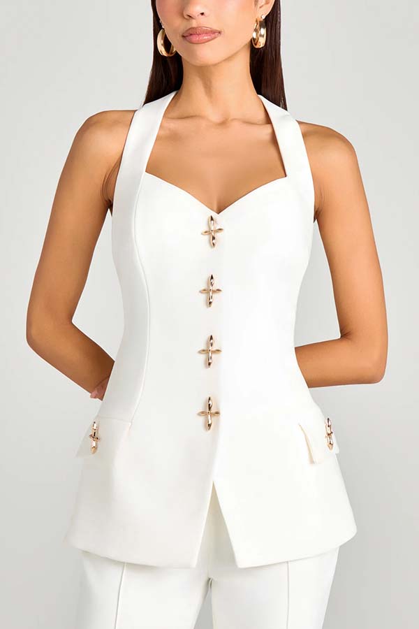 Women Power Metal Cross Snap Button Sweetheart Neck Wide Strap Vest