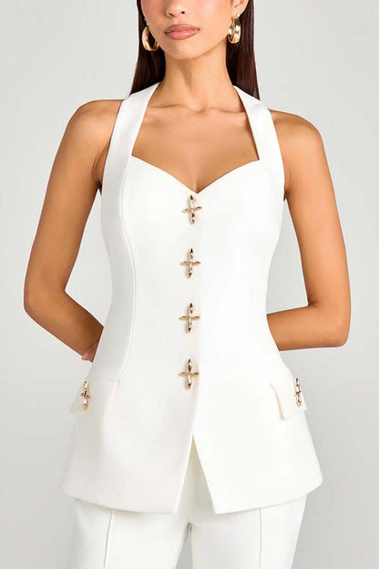 Women Power Metal Cross Snap Button Sweetheart Neck Wide Strap Vest