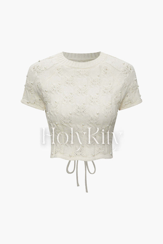 Pearl Embellished Open Knit Tie Back T-Shirt