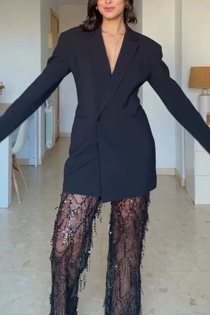 Blazer Yulissa de manga larga con un solo botón, cintura ajustada, espalda abierta, solapa y bolsillos 