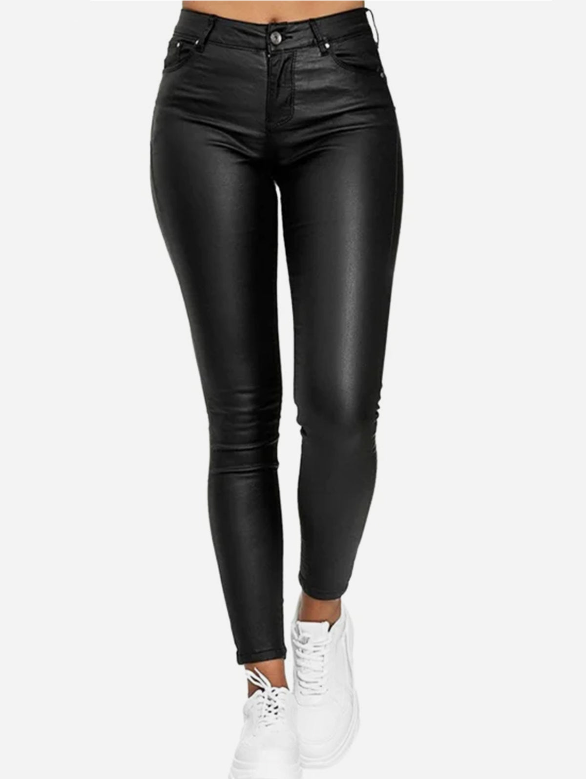 Casual Solid High Rise PU Leather Pencil Pants