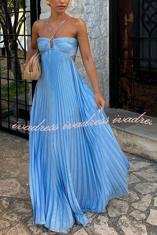 Caught Your Eye Satin Pleated Cross Straps Cutout Flowing Maxi Dress