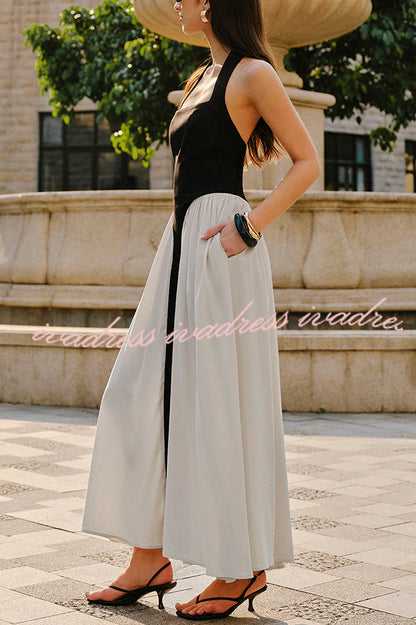 Fashion Contrast Color Stitching Sleeveless Backless Slim Maxi Dress