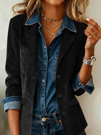 Daily Brown Turndown Collar Long Sleeve Pocket Vintage Button Chamois Blazer