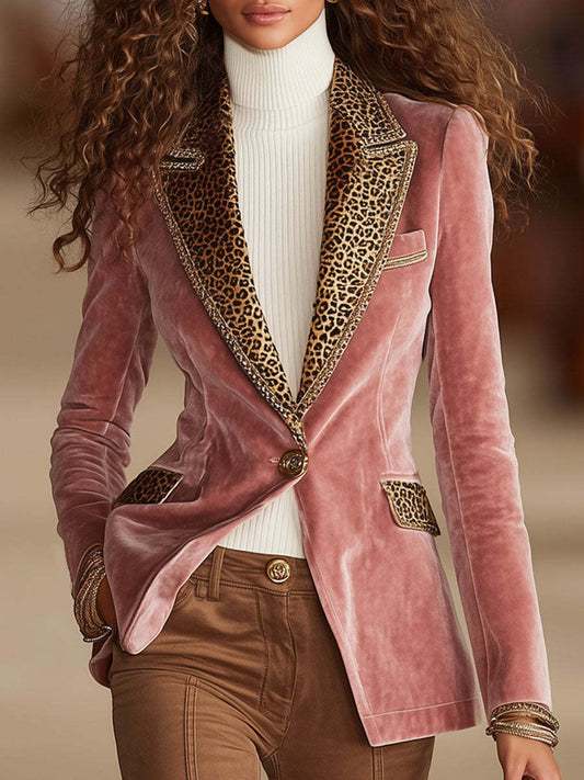Daily Pink Leopard Turndown Collar Long Sleeve Pocket Casual Contrast Blazer