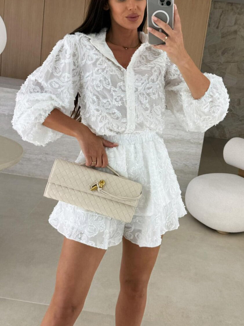 Exquisite Lace Jacquard Hollow Casual Long-sleeved Two-piece Suit
