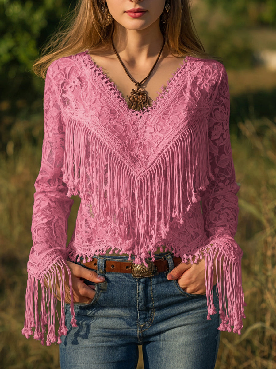 sheenchic Vacation White V Neck Long Sleeve Strappy Boho Cut Out Lace Blouses [Pre-Order]