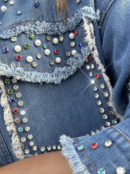 Casual Blue Denim Rhinestone Beaded Raw Edge Flap Pocket Long Sleeve Jacket