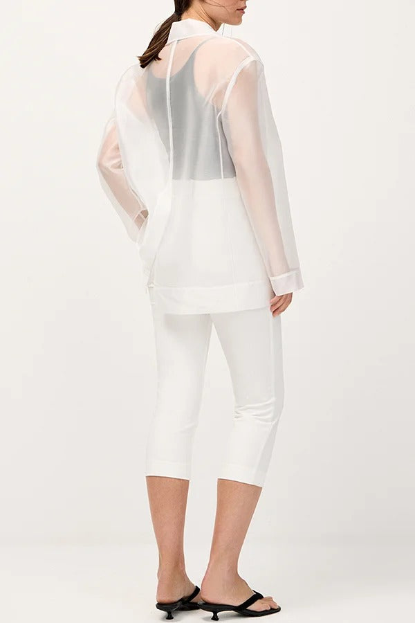 Simple and Light See-through Fabric Tie-up Long Sleeve Pocket Lapel Blazer