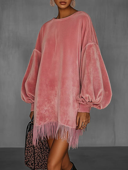 Daily Pink Round Neck Puff Sleeve Long Sleeve Strappy Casual Contrast Velvet Mini Dresses