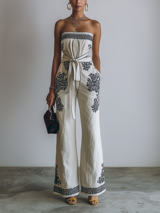 Strapless Embroidered Wide-Leg Jumpsuit With Waist Tie And Bohemian Detailing