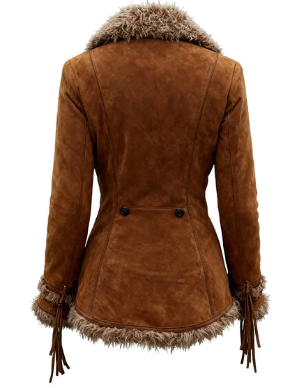 Daily Faux Fur Brown Turndown Collar Long Sleeve Asymmetric Hem Western Pocket Chamois Jacket