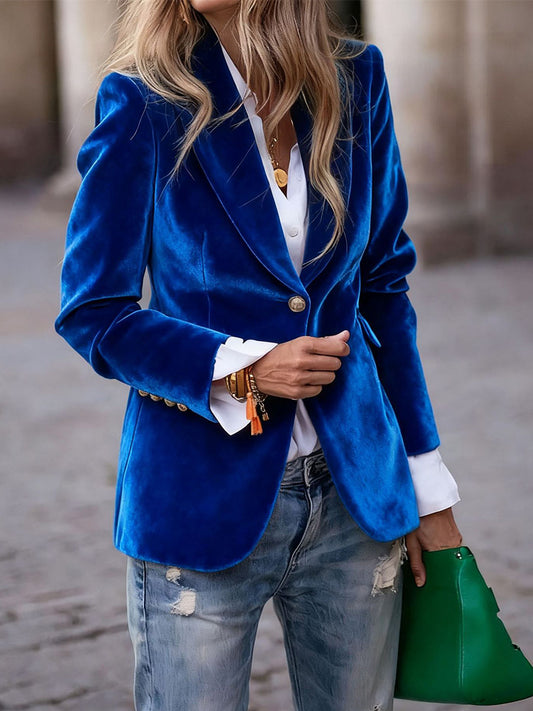 Elegant Red Velvet Lapel Collar One Button Long Sleeve Blazer