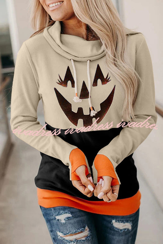 Halloween Pumpkin Print Long Sleeve Drawstring Hoodie