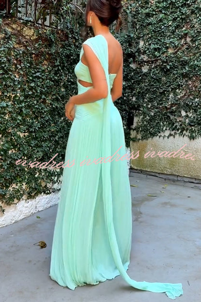 Vestido largo tipo capa de gasa con hombros descubiertos y abertura en la cintura, plisado, Forest Muse 