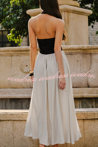 Fashion Contrast Color Stitching Sleeveless Backless Slim Maxi Dress