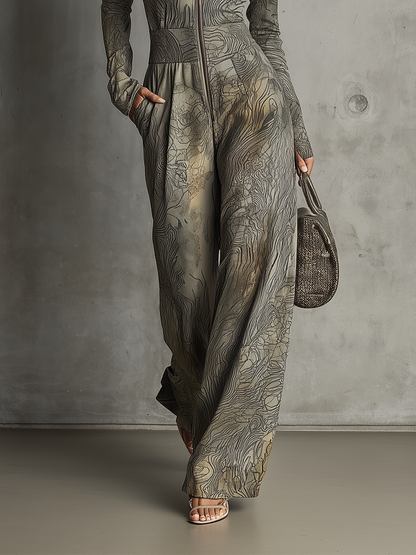Fluid Printed Jumpsuit With Deep V Neckline And Wide-Leg Silhouette