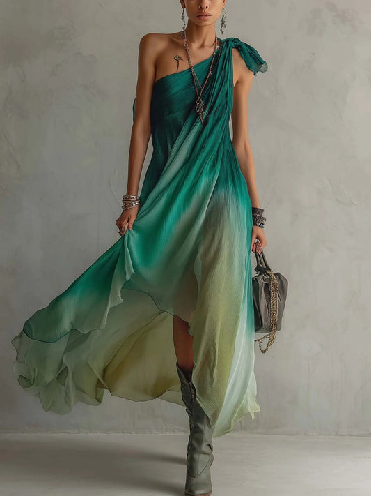 sheenchic Vacation Green Gradient Oblique Collar Asymmetric Hem Casual Chiffon Maxi Dresses [Pre-Order]