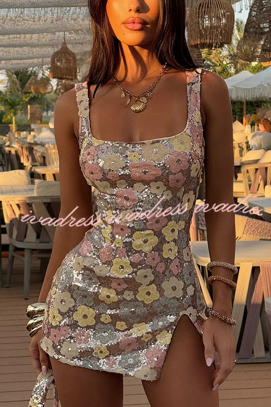 Sequined Flower Sexy Square Neck Slim Fit Mini Dress