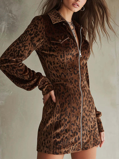 Daily Brown Leopard Shirt Collar Lantern Sleeve Long Sleeve Pocket Vintage Zipper Chamois Mini Dresses
