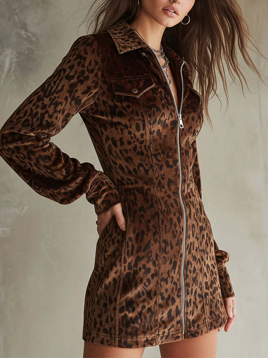 Daily Brown Leopard Shirt Collar Lantern Sleeve Long Sleeve Pocket Vintage Zipper Chamois Mini Dresses