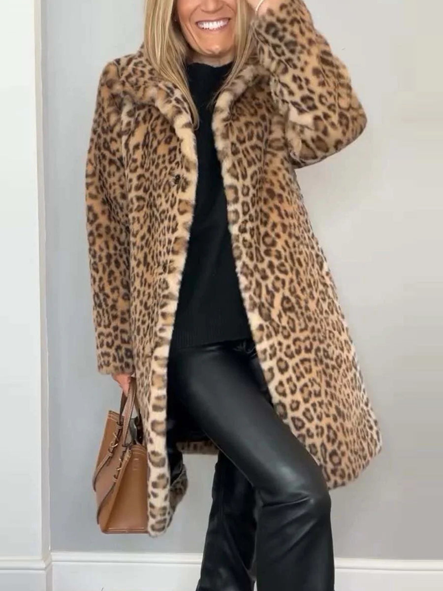 Daily Brown Leopard Turndown Collar Long Sleeve Vintage Faux Fur Coat